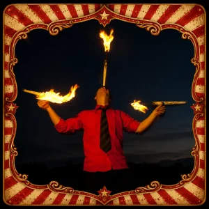 Fire performer balancing flaming torches during a professional circus fire performance at a nighttime event.