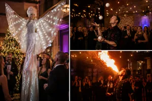 Christmas party entertainment in Bristol with festive stilt walker, juggler and fire performer